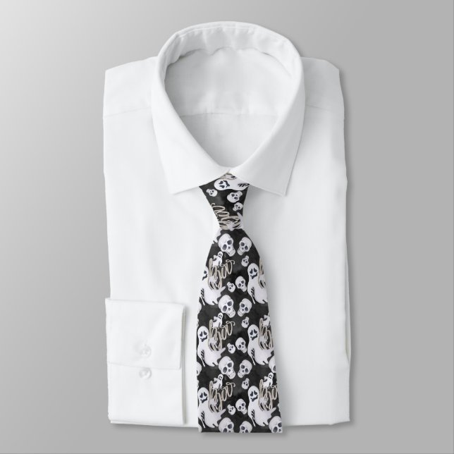 spooky ghost skulls Halloween tiled pattern Tie (Tied)