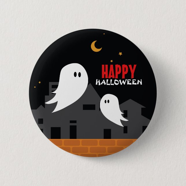 Spooky ghost town halloween cartoon button (Front)