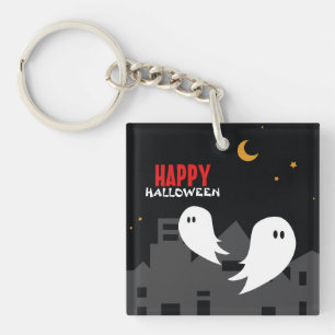 Spooky ghost town halloween cartoon key ring