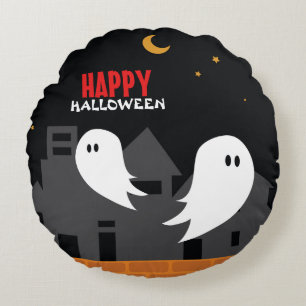 Spooky ghost town halloween cartoon round cushion
