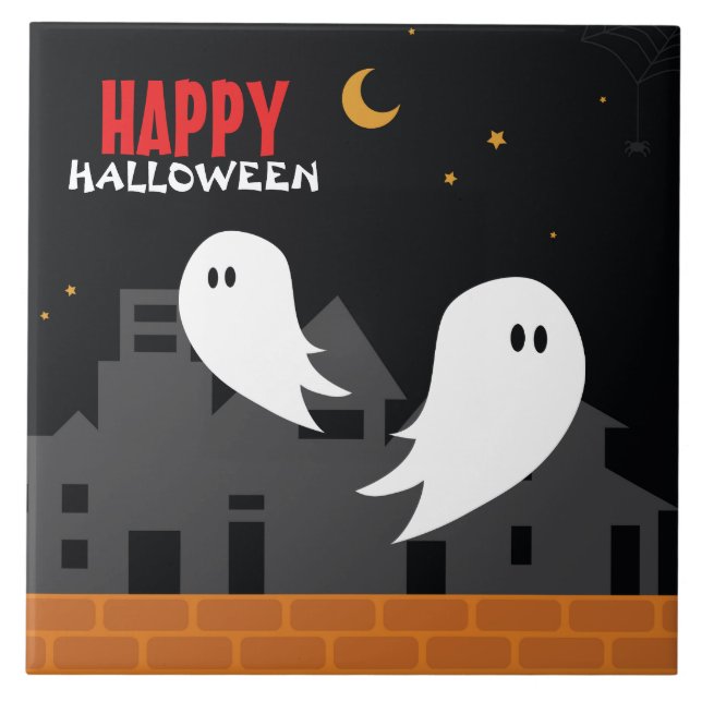 Spooky ghost town halloween cartoon  tile (Front)