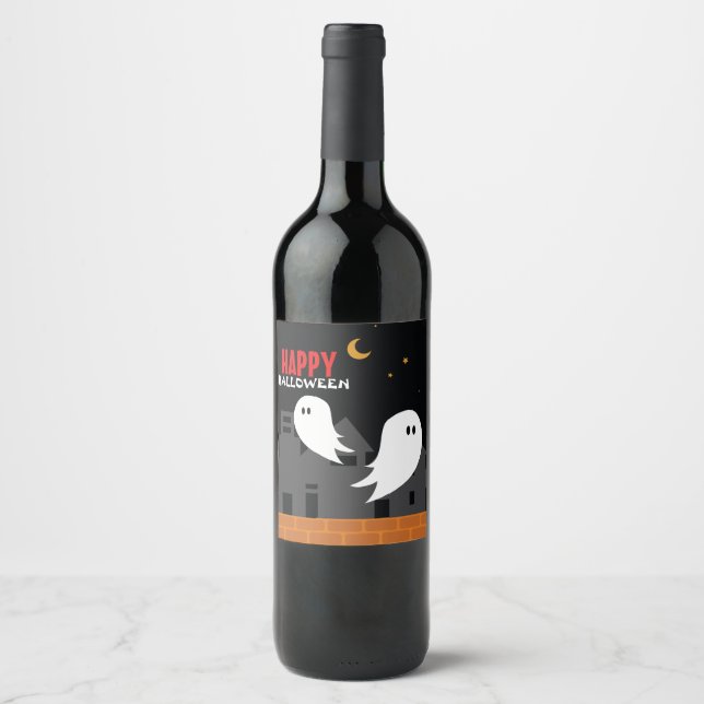 Spooky ghost town halloween cartoon   wine label (Front)