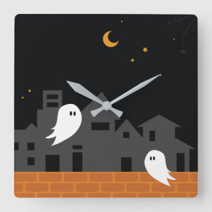 Spooky ghost town halloween horror cartoon square wall clock