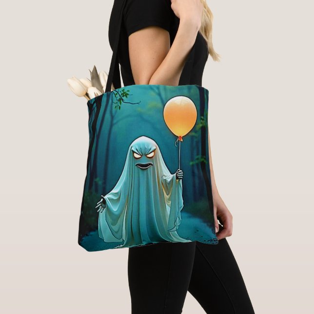 Spooky Ghost with Eerie Balloon Tote Bag (Close Up)