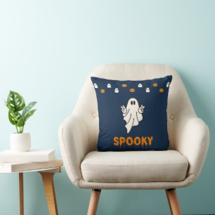 Spooky Ghost with Jack-O' Lanterns Blue Halloween Cushion