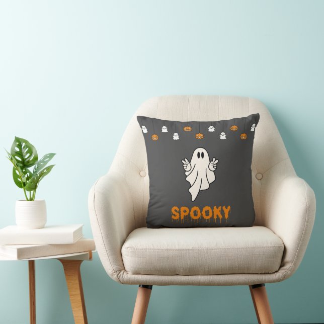 Spooky Ghost with Jack-O' Lanterns Grey Halloween Cushion (Chair)