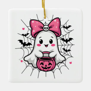 Spooky Ghost with Pink Bow Breast Cancer Awareness Ceramic Ornament