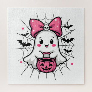 Spooky Ghost with Pink Bow Breast Cancer Awareness Jigsaw Puzzle