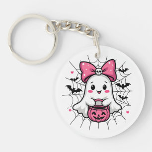 Spooky Ghost with Pink Bow Breast Cancer Awareness Key Ring