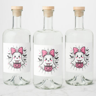 Spooky Ghost with Pink Bow Breast Cancer Awareness Liquor Bottle Label