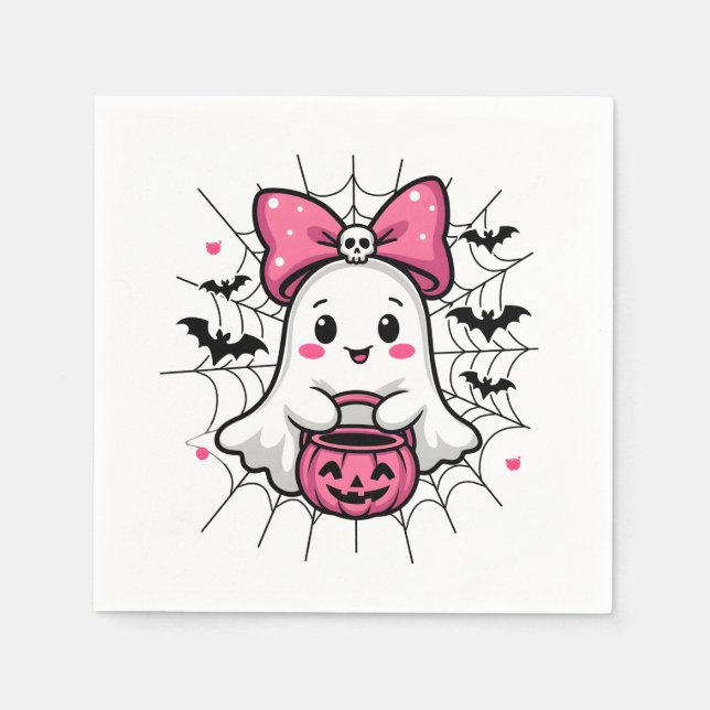 Spooky Ghost with Pink Bow Breast Cancer Awareness Napkin (Front)