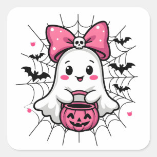 Spooky Ghost with Pink Bow Breast Cancer Awareness Square Sticker