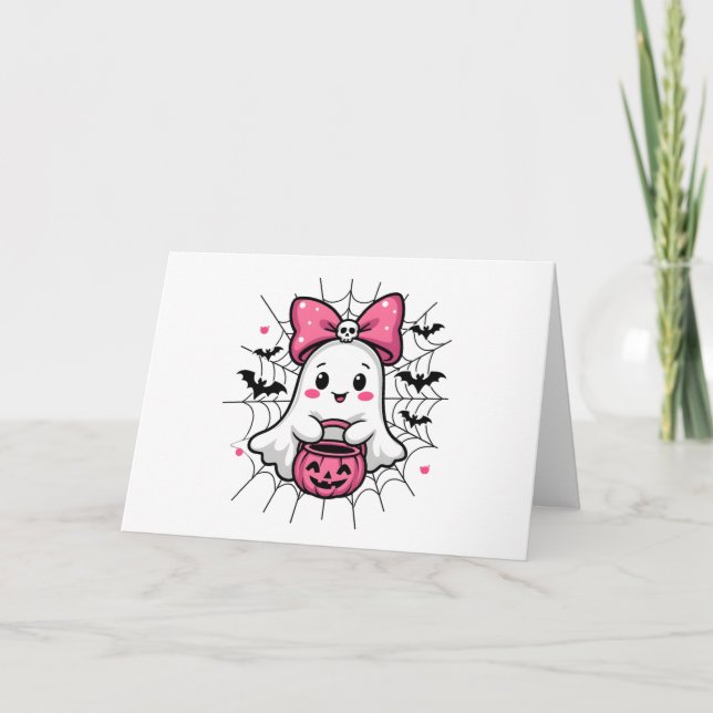Spooky Ghost with Pink Bow Breast Cancer Awareness Thank You Card (Front)