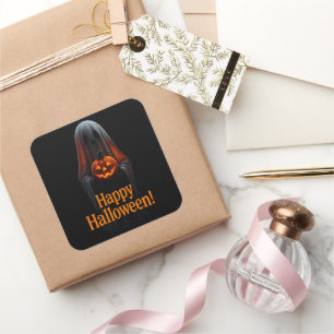 Spooky Ghost with Pumpkin – Happy Halloween  Square Sticker