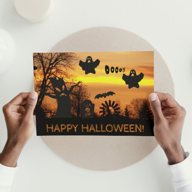 Spooky Ghosts and Bats on Halloween Night Card (In Situ)