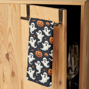 Spooky Ghosts and Jack O'Lanterns Halloween Tea Towel