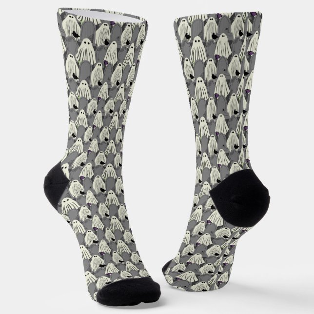 Spooky Ghosts and Tombstones Halloween Socks (Angled)