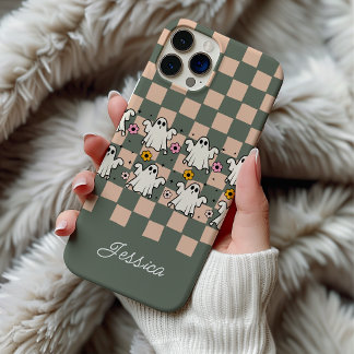 Spooky Ghosts Floral Chequered Grid iPhone 15 Pro Case