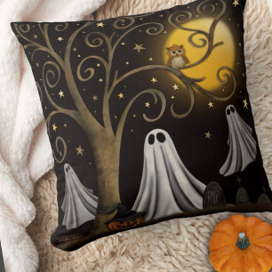 Spooky Ghosts Halloween Night Moon Tree  Cushion