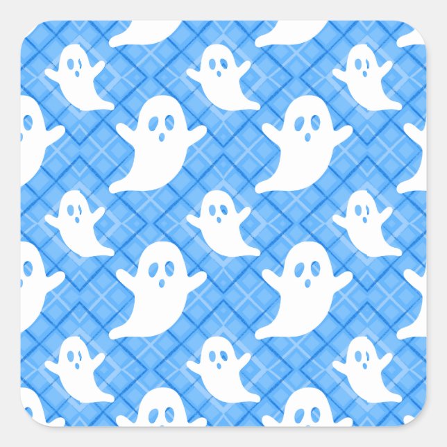 Spooky Ghosts on Blue Plaid Square Sticker (Front)
