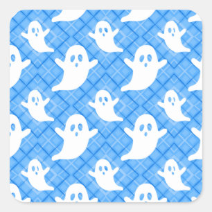 Spooky Ghosts on Blue Plaid Square Sticker