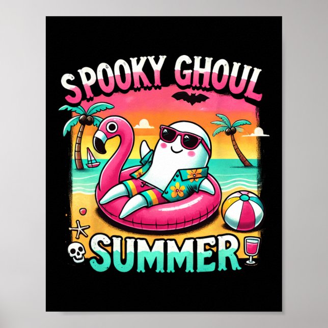 Spooky Ghoul Summer Cute Ghost Flamingo Summer Vac Poster (Front)