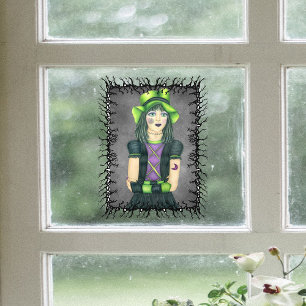 Spooky Girl Green Hat Barbed Black Branch Frame Window Cling
