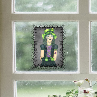 Spooky Girl Green Hat Barbed Black Branch Frame Window Cling