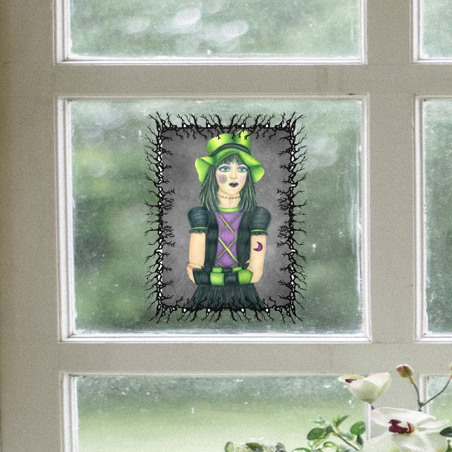 Spooky Girl Green Hat Barbed Black Branch Frame Window Cling (Pretty spooky girl green hat tattoos on grey in barbed black branch framed window cling.)