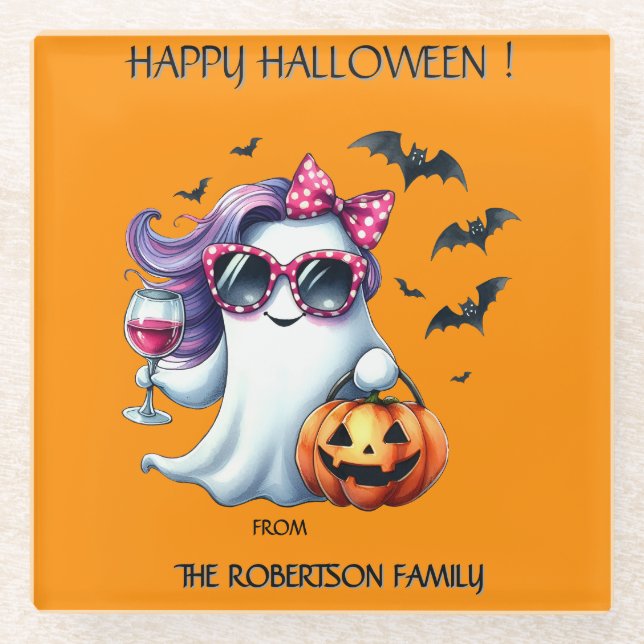 Spooky Girly Ghost Halloween  Glass Coaster (Front)