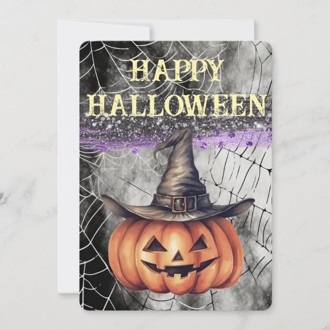 Spooky Glitter Happy Halloween Witch Hat Pumpkin Holiday Card (Front)