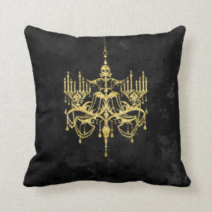 Spooky Gold Chandelier on Black   Faux Glitter Cushion
