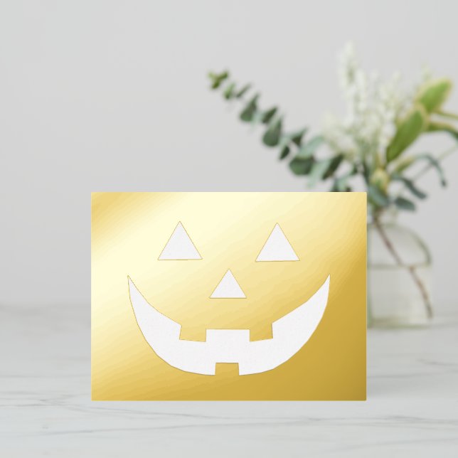 Spooky gold Jack o’ Lantern pumpkin face Halloween Foil Holiday Postcard (Standing Front)