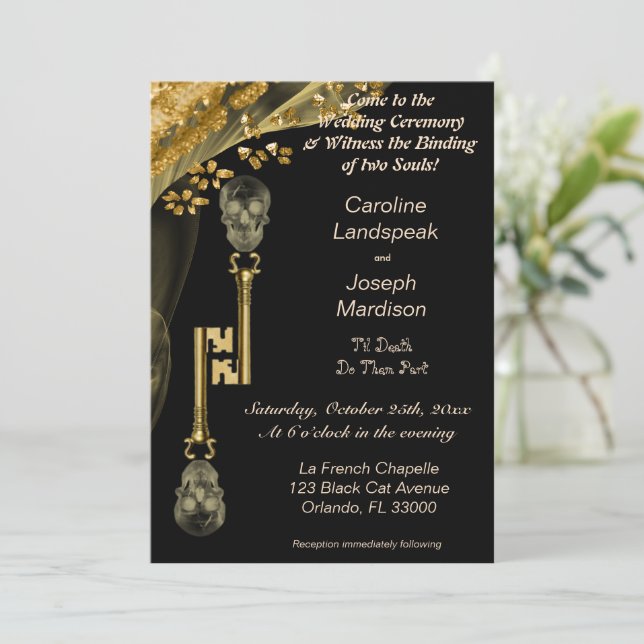 Spooky Gold Skulls Halloween Wedding Invitation (Standing Front)