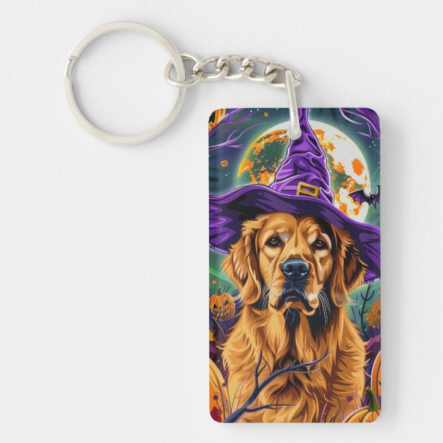 Spooky Golden Retriever Halloween Witch Pumpkin Key Ring (Front)