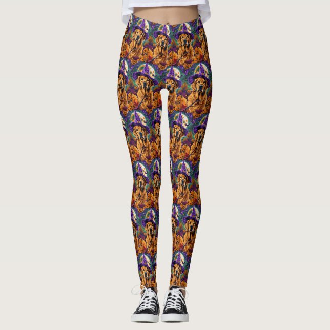 Spooky Golden Retriever Halloween Witch Pumpkin Leggings (Front)