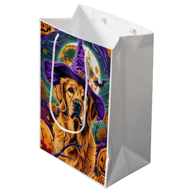 Spooky Golden Retriever Halloween Witch Pumpkin Medium Gift Bag (Front Angled)