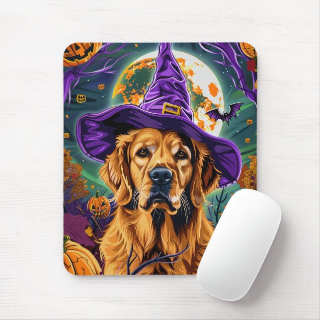 Spooky Golden Retriever Halloween Witch Pumpkin Mouse Mat (With Mouse)