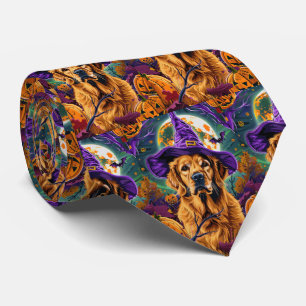 Spooky Golden Retriever Halloween Witch Pumpkin Tie