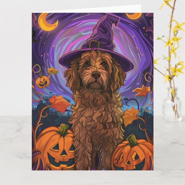 Spooky Goldendoodle Dog Halloween Witch Pumpkin Card (Yellow Flower)
