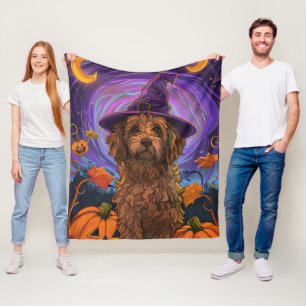 Spooky Goldendoodle Dog Halloween Witch Pumpkin Fleece Blanket