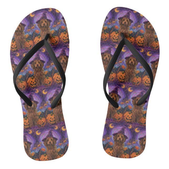 Spooky Goldendoodle Dog Halloween Witch Pumpkin Flip Flops (Footbed)