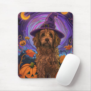 Spooky Goldendoodle Dog Halloween Witch Pumpkin Mouse Mat