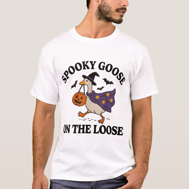 Spooky Goose On The Loose Witch Silly Goose Animal T-Shirt (Front)