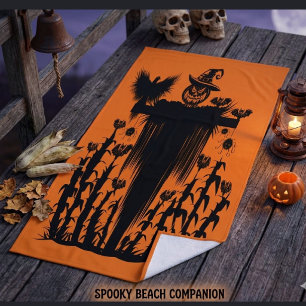 Spooky Goth Halloween Scarecrow Pumpkin Cornfield Beach Towel