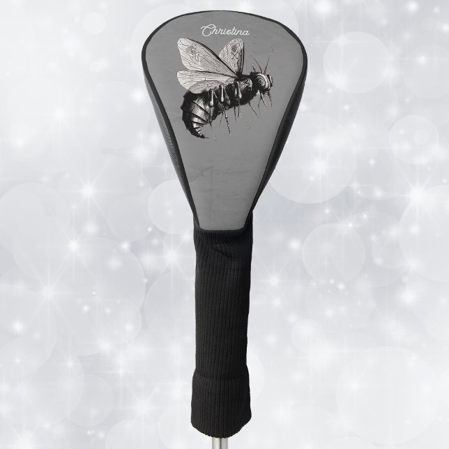 Spooky Gothic Big Bee Skull on Wings Grey Golf Head Cover (Gothic spooky flying bee in black with skulls on wings on grey golf driver cover.)