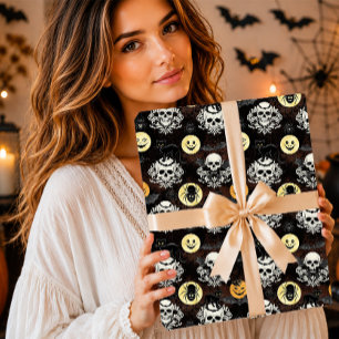 Spooky Gothic Black Cat Skull Damask Halloween Wrapping Paper