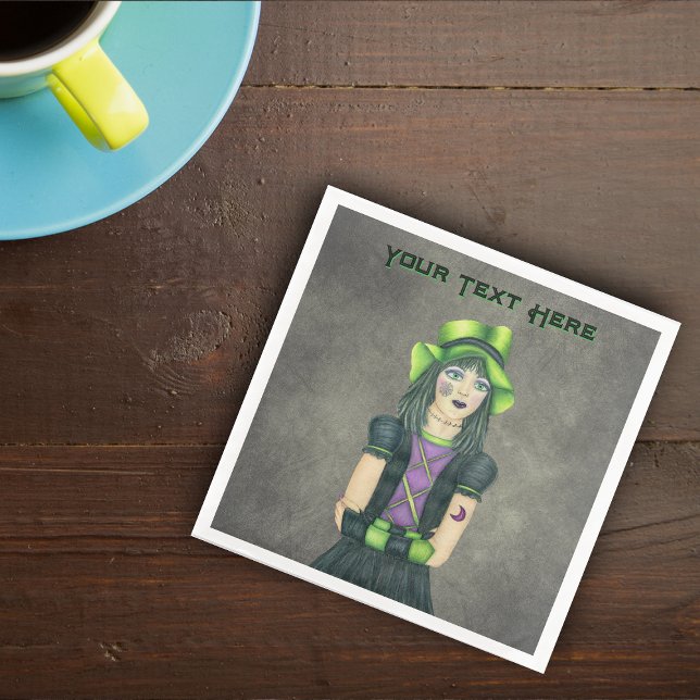 Spooky Gothic Girl Spiderweb Tattoo Black Dress Napkin (Spooky goth girl green hat face arm tattoos on dark grey paper party napkins.)