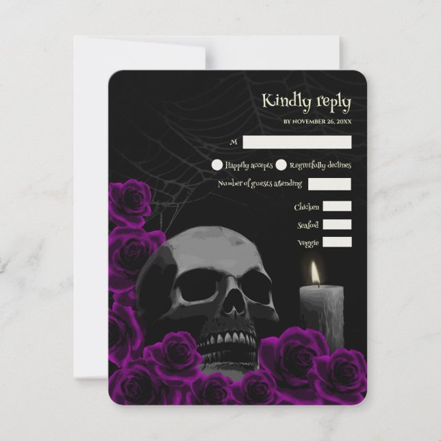 Spooky Gothic Halloween Wedding RSVP Purple Rose (Front)