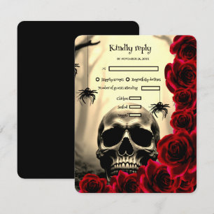 Spooky Gothic Halloween Wedding RSVP SkullRed Rose Card
